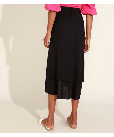 Saia Feminina Midi Assimétrica em Camadas com Babado e Fenda Preta
