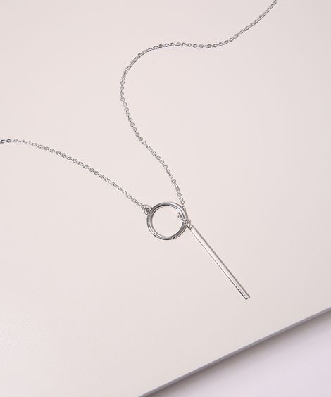 Colar Feminino Folheado Pingente Circulo Prateado