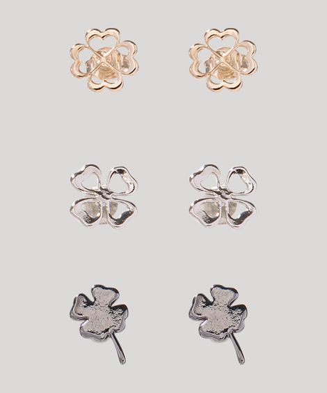 Kit de 3 Brincos Femininos Folheados Trevo Multicor