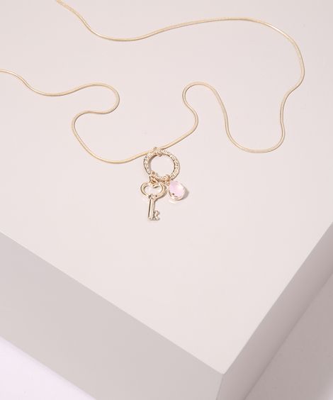 Colar Feminino Folheado Alongado com Pingente de Chave Dourado