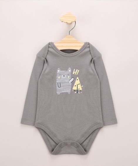 Body Infantil Ursinho Manga Longa Cinza Mescla