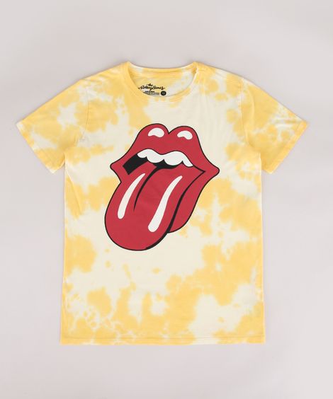 Camiseta Juvenil Masculina Rolling Stones Estampado Tie Dye Manga Curta Gola Careca Amarela