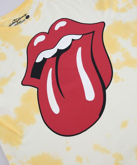 Camiseta Juvenil Masculina Rolling Stones Estampado Tie Dye Manga Curta Gola Careca Amarela