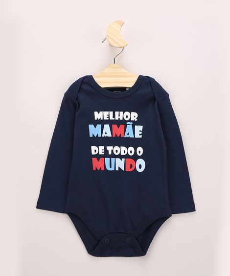 Body Infantil Básico "Melhor Mãe de Todo o Mundo" Manga Longa Azul Marinho