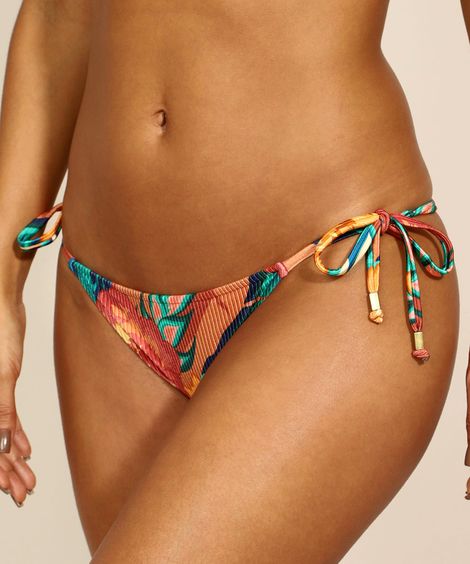 Biquíni Calcinha Tanga Canelado Estampado Floral com Amarração Proteção UV50+ Cobre