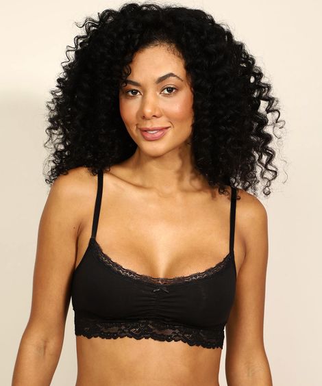 Top de Algodão com Renda e Drapeado Preto