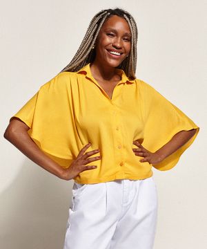 Camisa Feminina Maquinetada Manga Curta Ampla Amarela