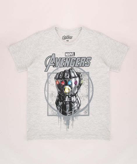 Camiseta Infantil Manopla do Infinito Os Vingadores Manga Curta Gola Careca Cinza Mescla Claro