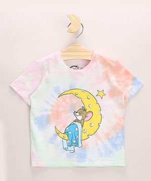 Camiseta Infantil Tom e Jerry Estampado Tie Dye Manga Curta Gola Careca Multicor
