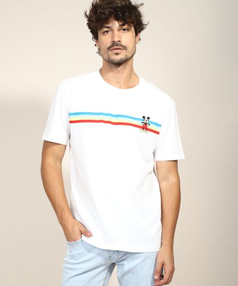 Camiseta Masculina Mickey Mouse com Listras Manga Curta Gola Careca Branca