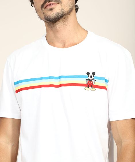 Camiseta Masculina Mickey Mouse com Listras Manga Curta Gola Careca Branca