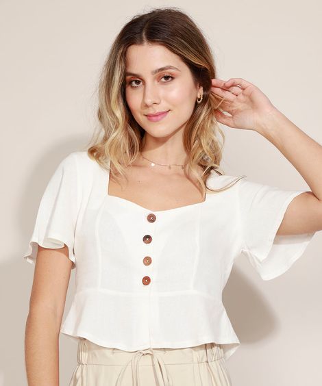 Blusa Feminina Cropped com Botões Manga Curta Decote Princesa Off White