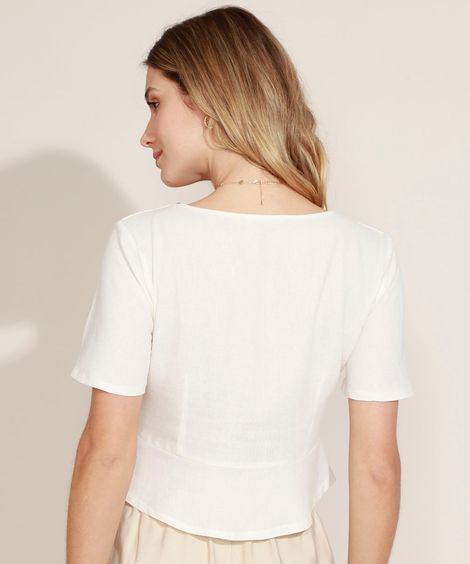 Blusa Feminina Cropped com Botões Manga Curta Decote Princesa Off White