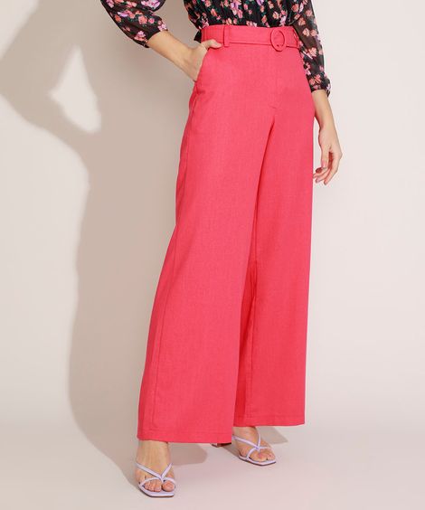 Calça Feminina com Linho Pantalona Cintura Super Alta e Faixa Rosa Claro