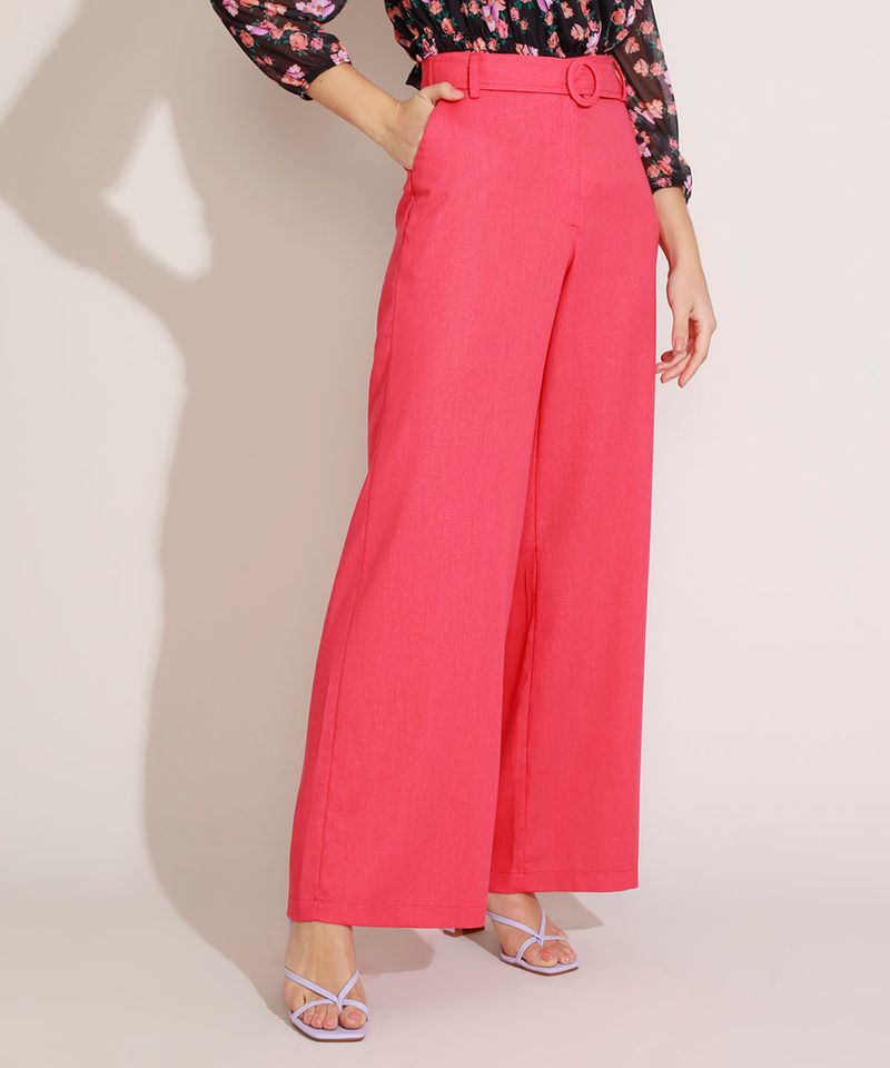 Calça feminina com linho pantalona, cintura alta e faixa, da C&A