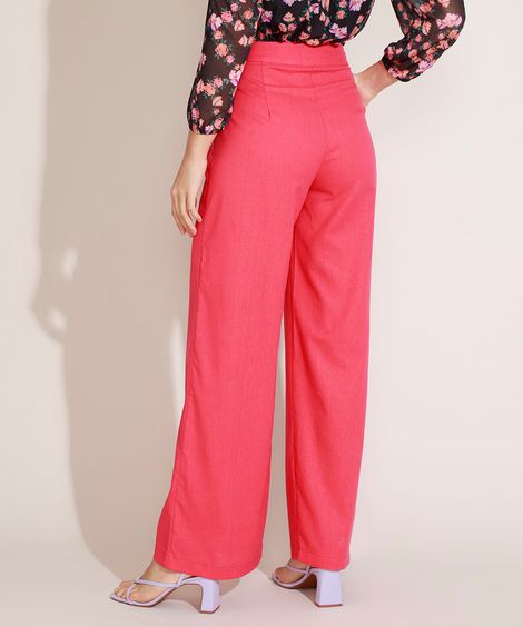 Calça Feminina com Linho Pantalona Cintura Super Alta e Faixa Rosa Claro
