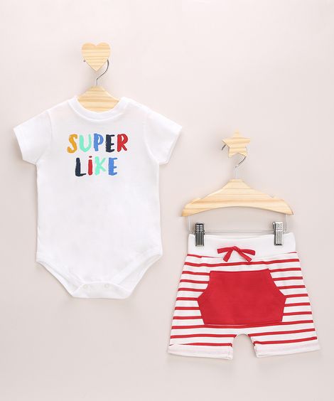 Conjunto Infantil Body Off White " Super Like" Manga Curta + Short Estampado Listrado Off White