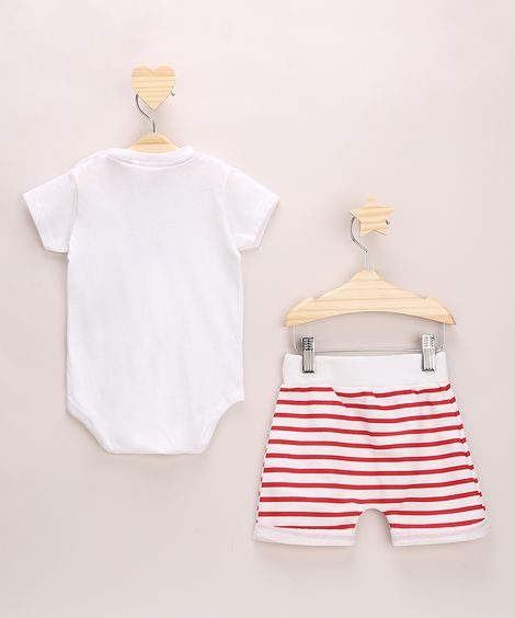 Conjunto Infantil Body Off White " Super Like" Manga Curta + Short Estampado Listrado Off White