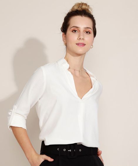 Camisa Feminina Manga Longa com Martingale Off White