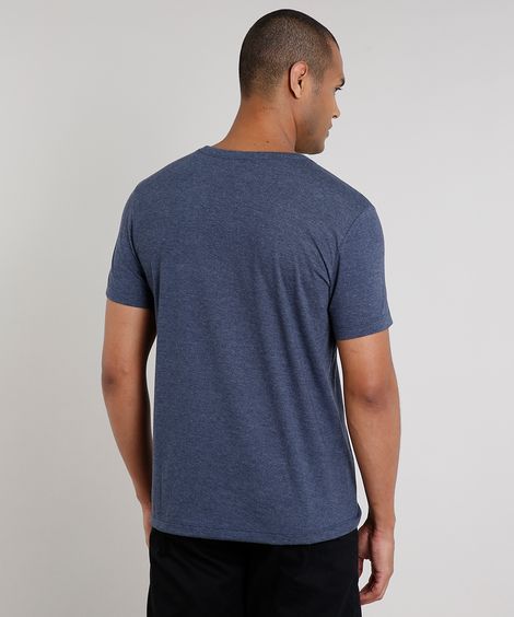 Camiseta Masculina Básica Mescla Manga Curta Gola Portuguesa Azul Marinho
