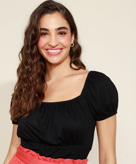 Blusa Feminina Cropped Manga Bufante Decote Reto Preta