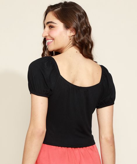 Blusa Feminina Cropped Manga Bufante Decote Reto Preta