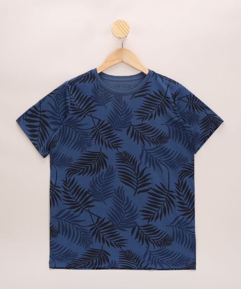 Camiseta Juvenil Estampado de Folhagens Manga Curta Gola Careca Azul Marinho