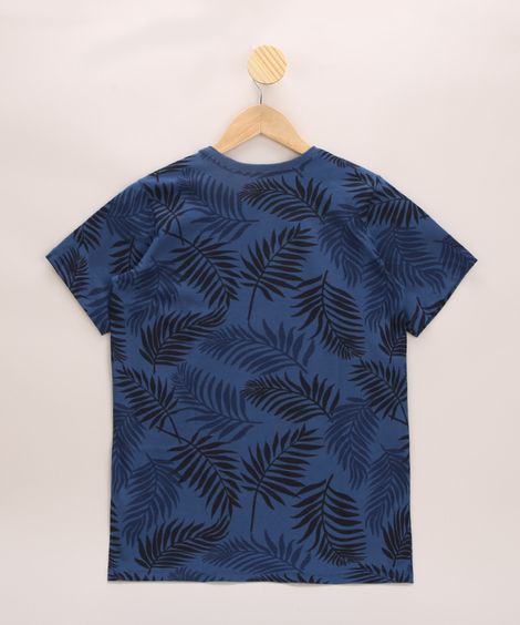 Camiseta Juvenil Estampado de Folhagens Manga Curta Gola Careca Azul Marinho