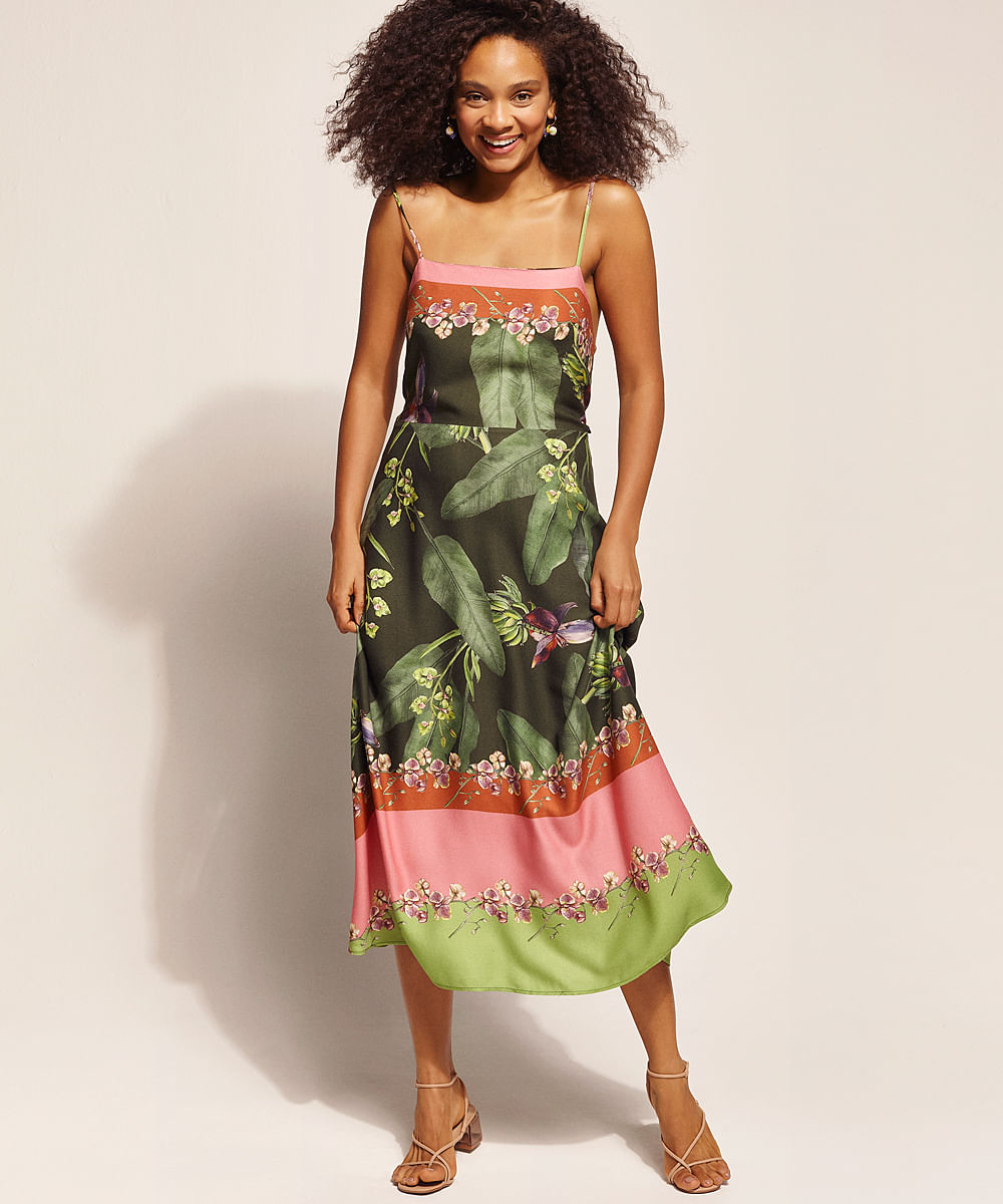 Vestido Feminino EMI Beachwear Midi Estampado Bananeiras com Alça Fina e Decote Reto Verde Escuro Menor preço em Vestido Feminino EMI Beachwear Midi Estampado Bananeiras com Alça Fina e Decote Reto Verde Escuro