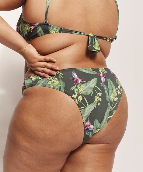 Biquíni Calcinha Plus Size EMI Beachwear Tanga Estampado Bananeiras com Proteção UV50+ Biodegradável Verde Escuro