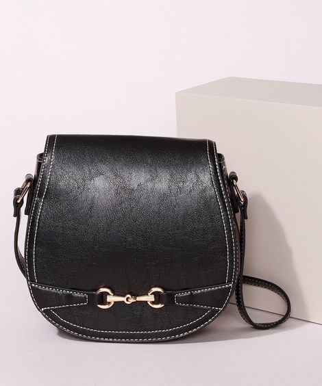 Bolsa Feminina Transversal Pequena com Pespontos Preta