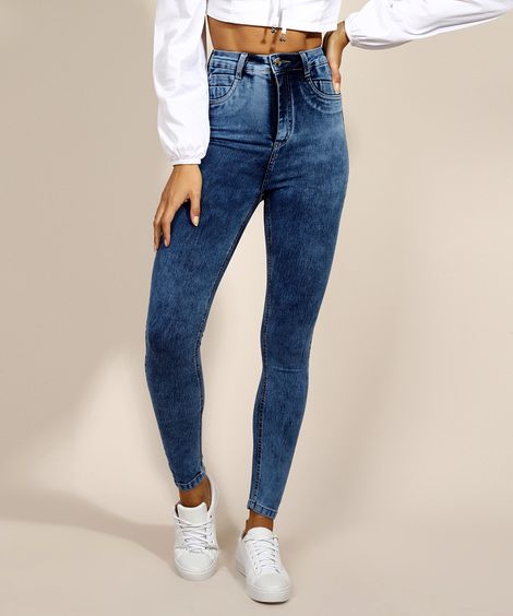 Calça Jeans Feminina Sawary Super Skinny Super Push up Cintura Alta Azul Escuro