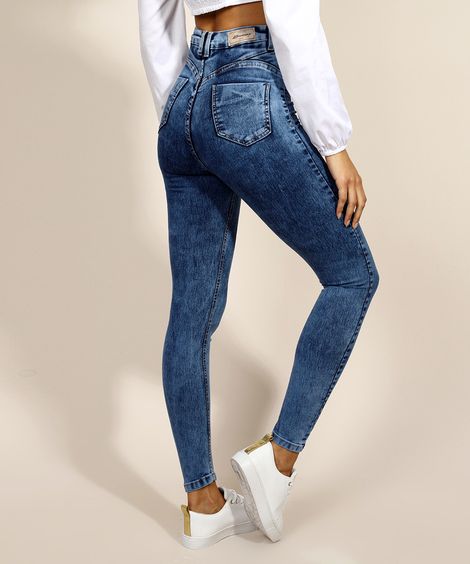 Calça Jeans Feminina Sawary Super Skinny Super Push up Cintura Alta Azul Escuro