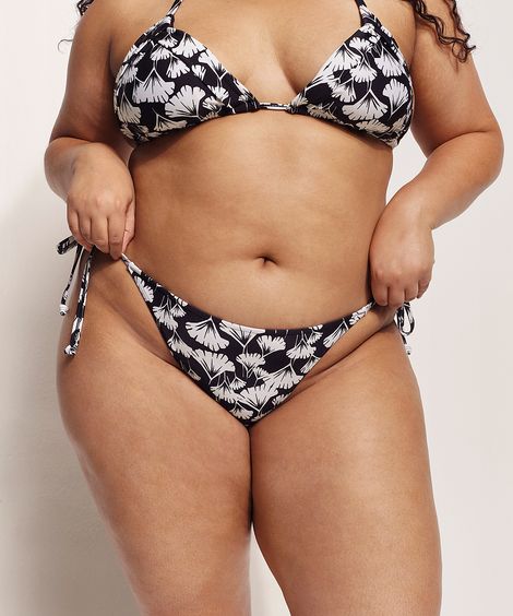 INATIVO - VENCIMENTO CONTRATO -Biquíni Calcinha Plus Size Ostra Brasil Tanga Estampado Floral com Proteção UV50+ Preto