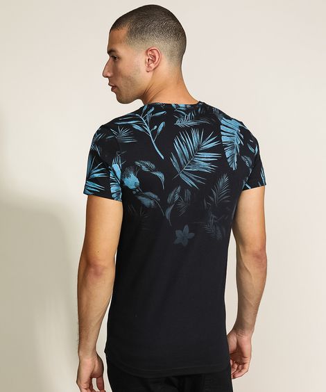 Camiseta Masculina Estampada Folhas Manga Curta Gola Careca Preta