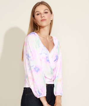 Blusa Feminina Estampada Tie Dye Manga Longa Bufante Decote V Off White