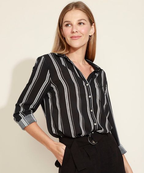Camisa Feminina Listrada Manga Longa Preta
