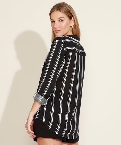 Camisa Feminina Listrada Manga Longa Preta
