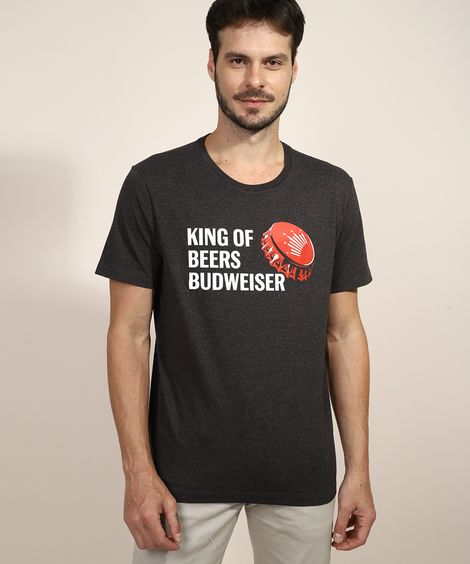 Camiseta Masculina Budweiser "King of Beers" Manga Curta Gola Careca Cinza Mescla Escuro