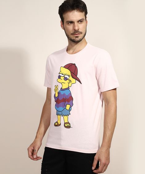 Camiseta Masculina Lisa Os Simpsons Manga Curta Gola Careca Rosa Claro