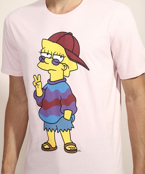 Camiseta Masculina Lisa Os Simpsons Manga Curta Gola Careca Rosa Claro