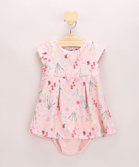 Vestido Infantil Amplo Estampado Floral com Laço Manga Curta + Calcinha Rosa