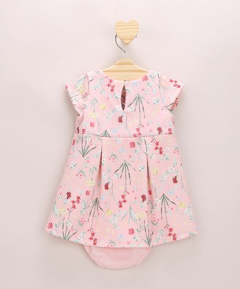 Vestido Infantil Amplo Estampado Floral com Laço Manga Curta + Calcinha Rosa