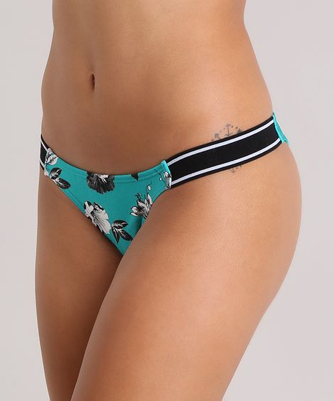 Biquíni Calcinha Tanga Estampado Floral Verde Água