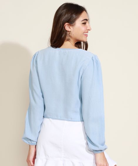 Blusa Feminina Cropped com Canaleta Manga Longa Bufante Decote V Azul Claro