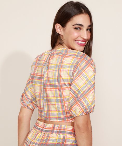 Blusa Feminina Mindset Cropped Estampada Xadrez com Nó Manga Bufante Decote V Multicor