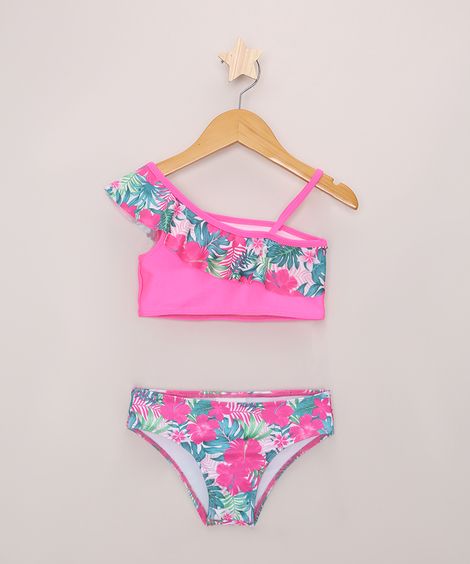 Biquíni Infantil Estampado Floral com Proteção UV50+ Rosa
