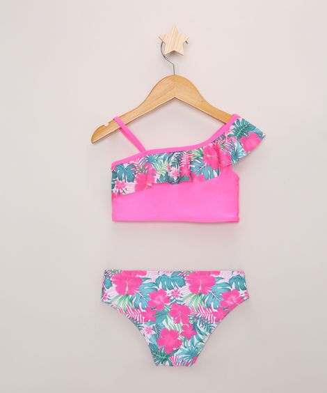 Biquíni Infantil Estampado Floral com Proteção UV50+ Rosa