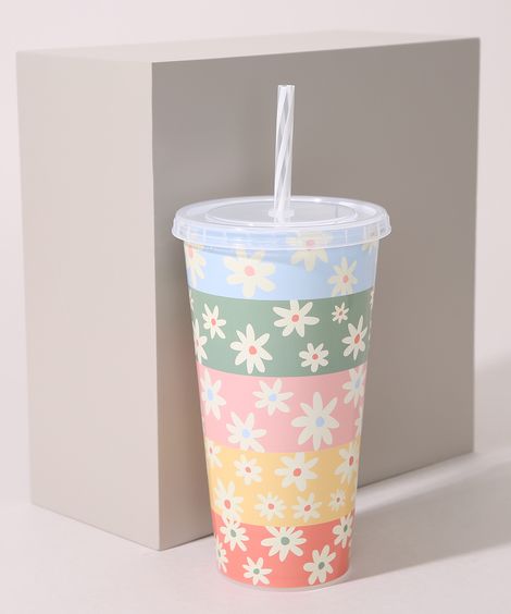 Copo Plástico Listrado Floral com Tampa e Canudo Multicor