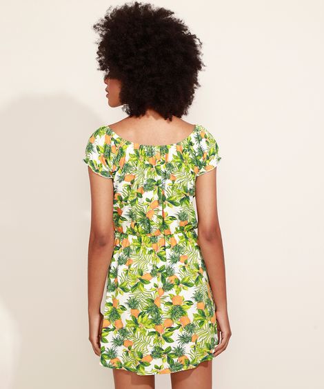 Vestido Feminino Ombro a Ombro Estampado de Abacaxi Manga Curta Bufante Off White